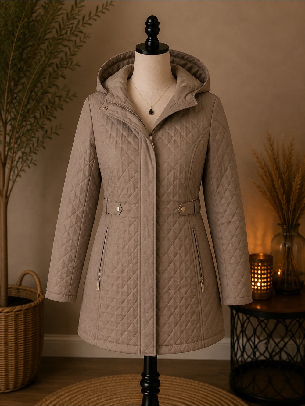 Giacca size medium Quilted Hooded Coat in Taupe — Women’s Lightweight Jacket
